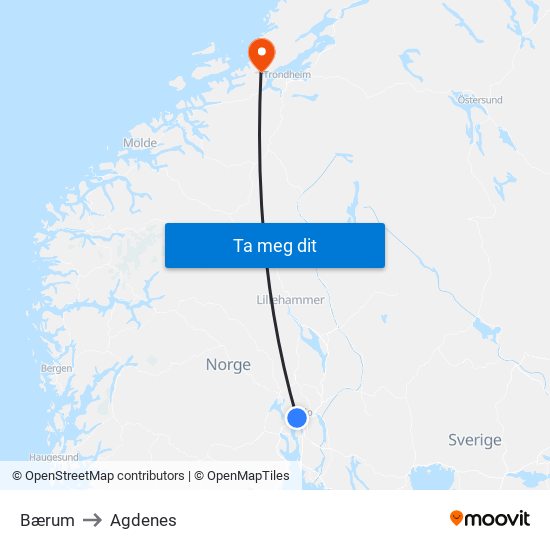Bærum to Agdenes map