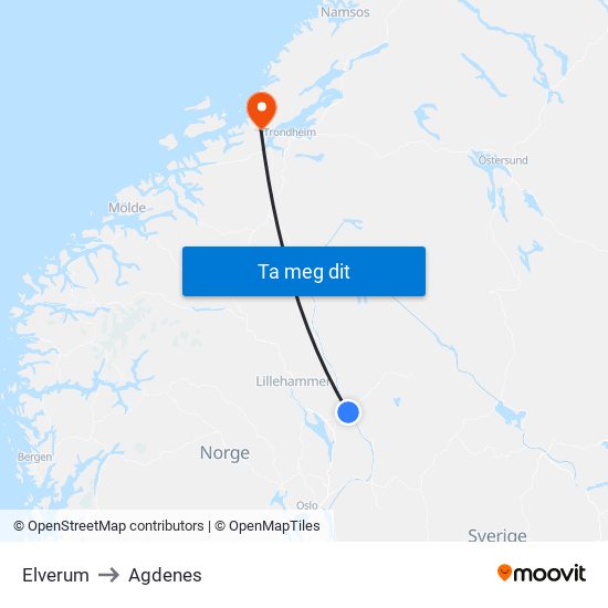 Elverum to Agdenes map