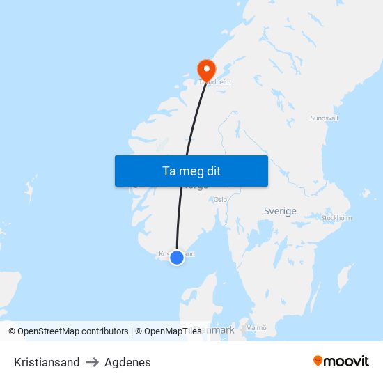 Kristiansand to Agdenes map