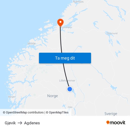 Gjøvik to Agdenes map