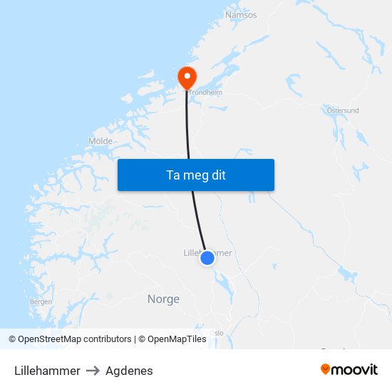 Lillehammer to Agdenes map