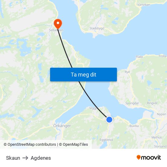 Skaun to Agdenes map