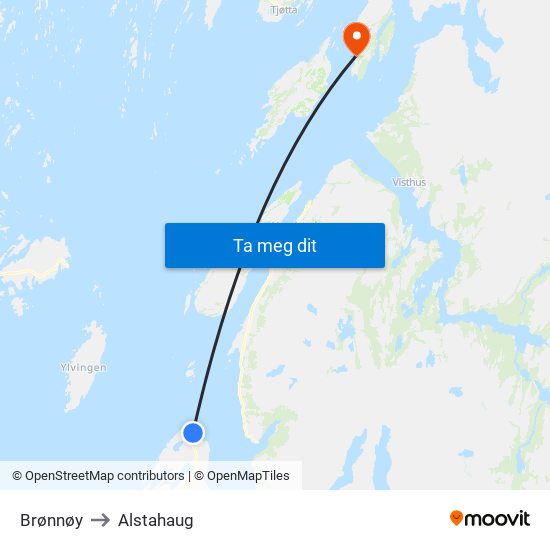 Brønnøy to Alstahaug map