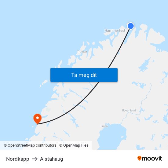 Nordkapp to Alstahaug map