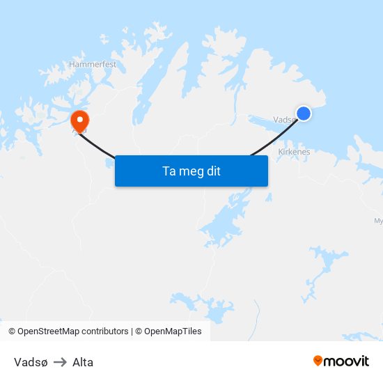 Vadsø to Alta map