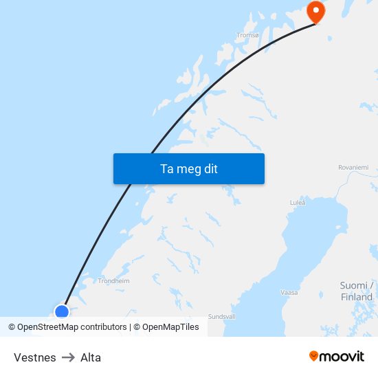 Vestnes to Alta map