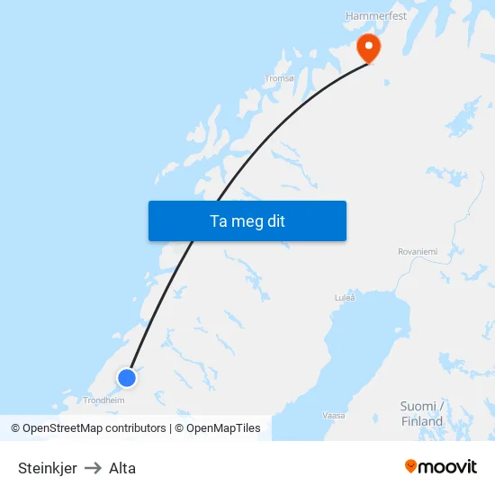 Steinkjer to Alta map