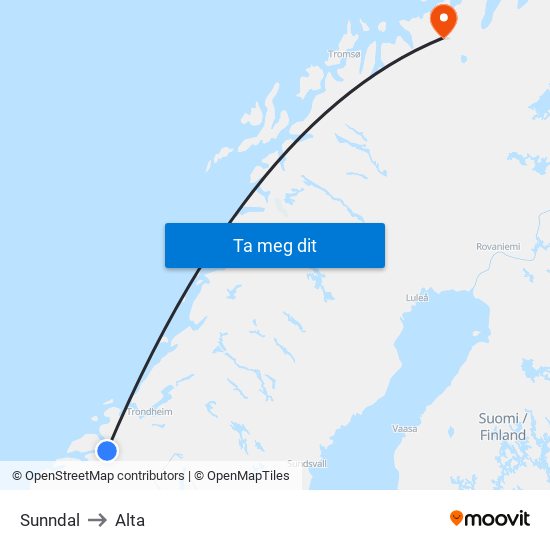 Sunndal to Alta map