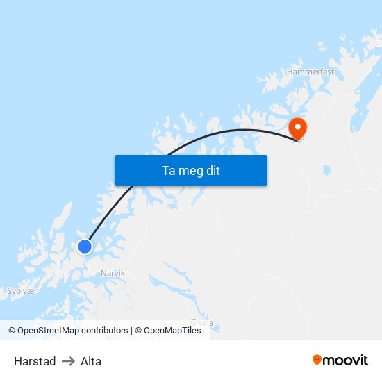 Harstad to Alta map