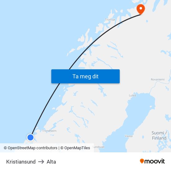 Kristiansund to Alta map