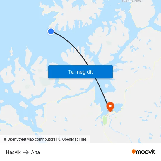 Hasvik to Alta map