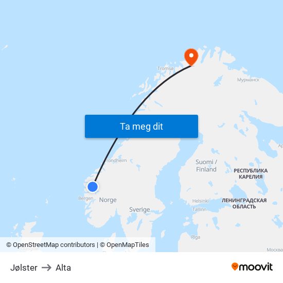 Jølster to Alta map