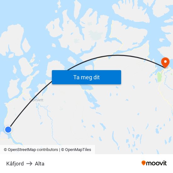 Kåfjord to Alta map