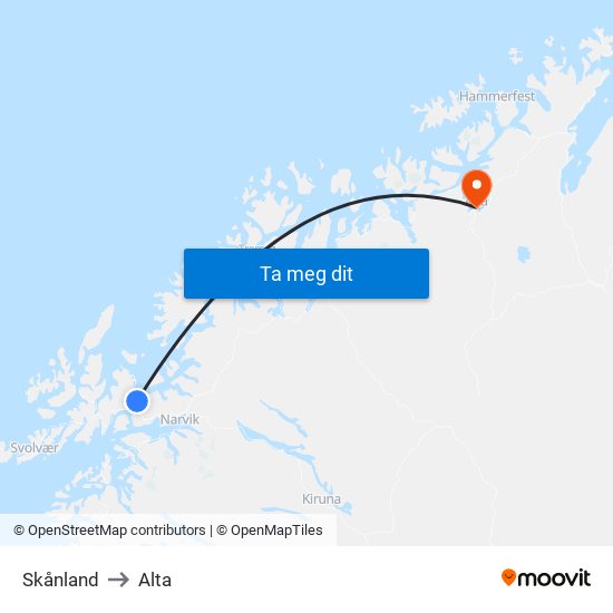 Skånland to Alta map
