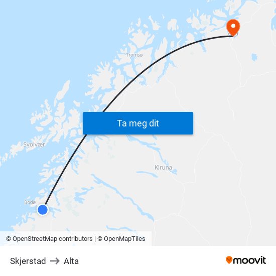 Skjerstad to Alta map