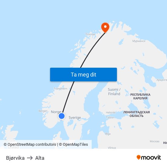 Bjørvika to Alta map