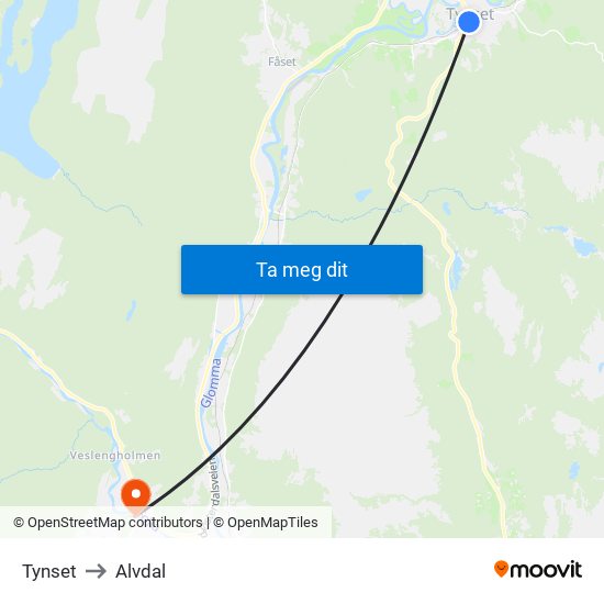 Tynset to Alvdal map