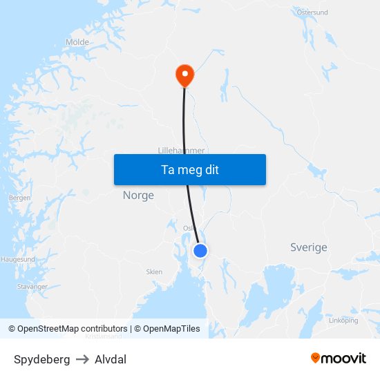 Spydeberg to Alvdal map