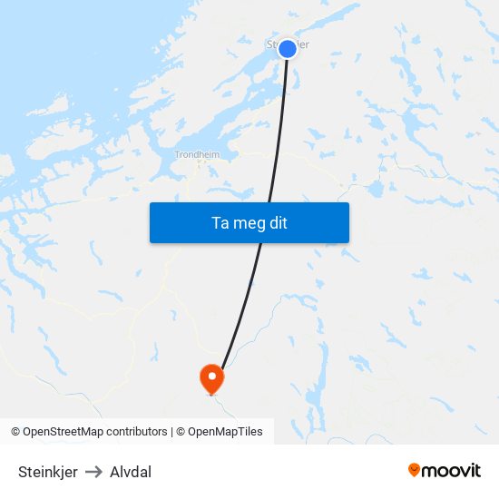 Steinkjer to Alvdal map