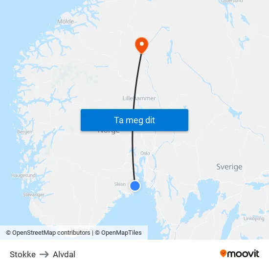 Stokke to Alvdal map