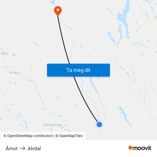 Åmot to Alvdal map