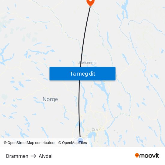 Drammen to Alvdal map