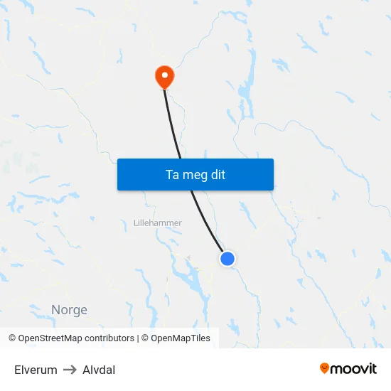 Elverum to Alvdal map