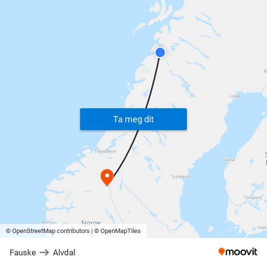 Fauske to Alvdal map