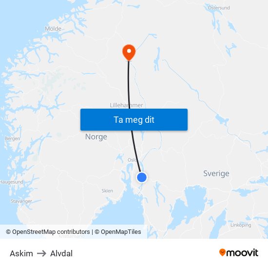 Askim to Alvdal map