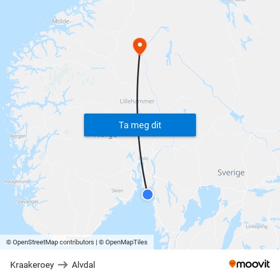 Kraakeroey to Alvdal map