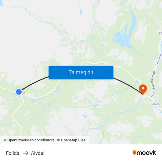 Folldal to Alvdal map