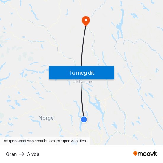 Gran to Alvdal map