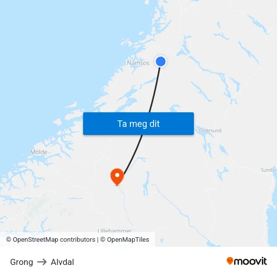 Grong to Alvdal map
