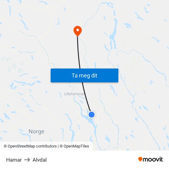 Hamar to Alvdal map