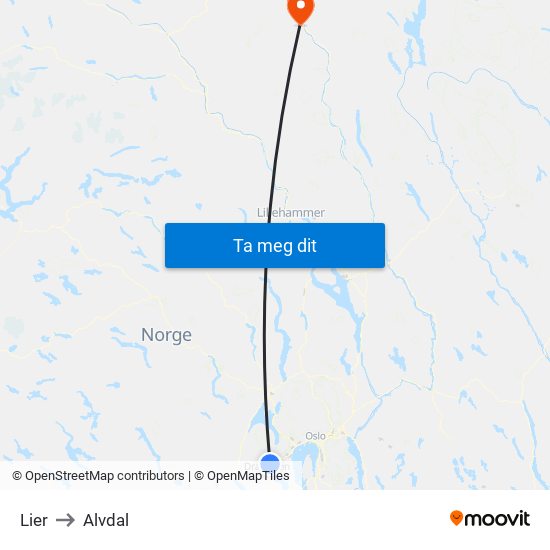 Lier to Alvdal map