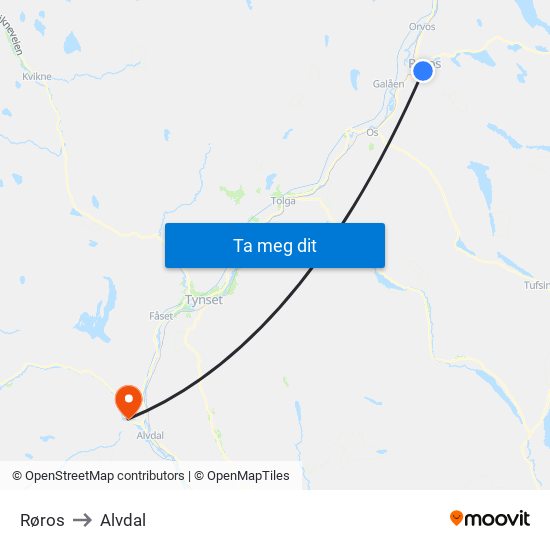 Røros to Alvdal map