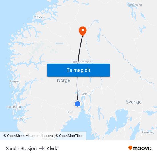 Sande Stasjon to Alvdal map