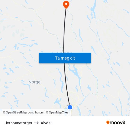 Jernbanetorget to Alvdal map