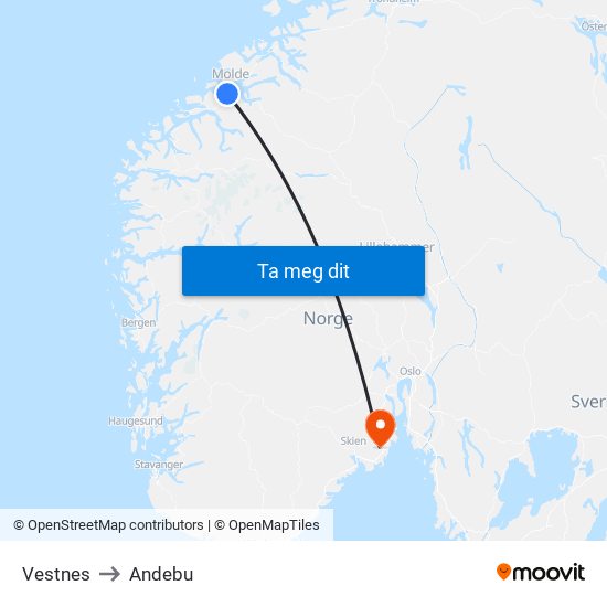 Vestnes to Andebu map