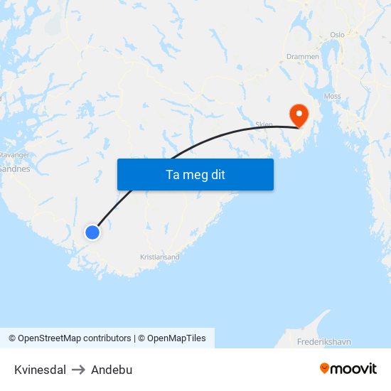 Kvinesdal to Andebu map