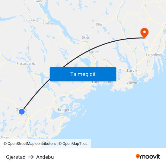 Gjerstad to Andebu map