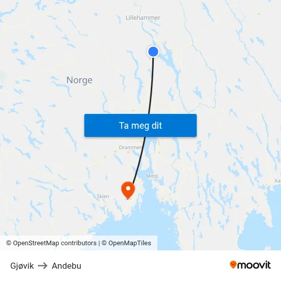 Gjøvik to Andebu map
