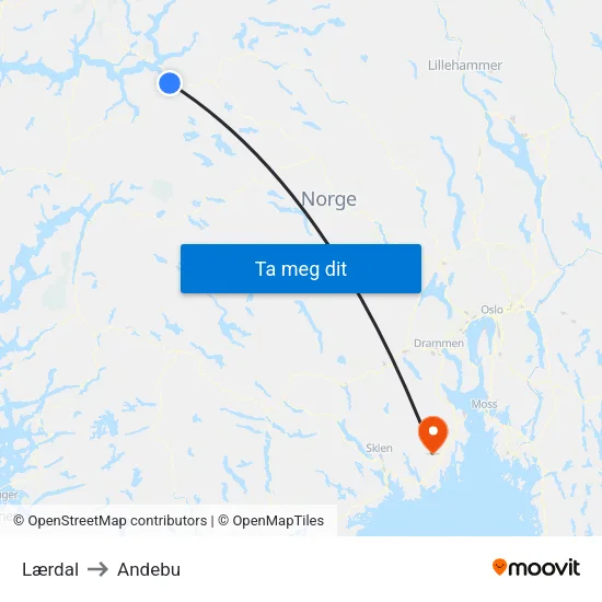 Lærdal to Andebu map