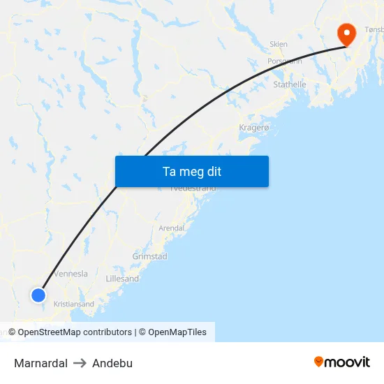 Marnardal to Andebu map