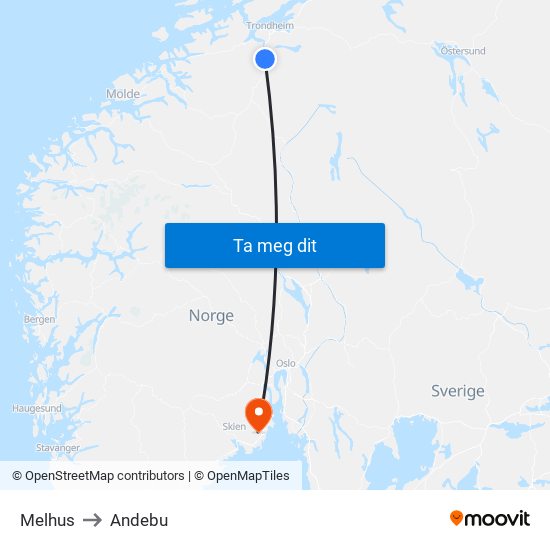 Melhus to Andebu map