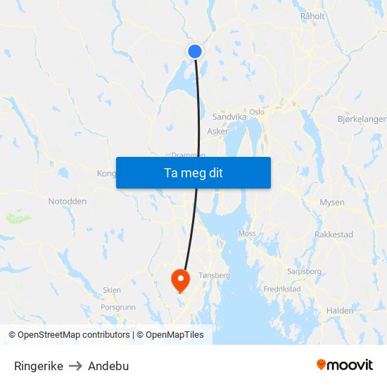 Ringerike to Andebu map