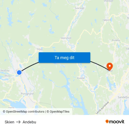 Skien to Andebu map