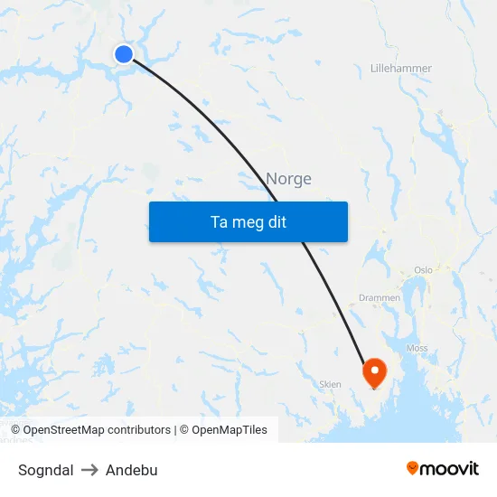 Sogndal to Andebu map