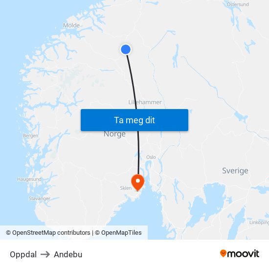 Oppdal to Andebu map