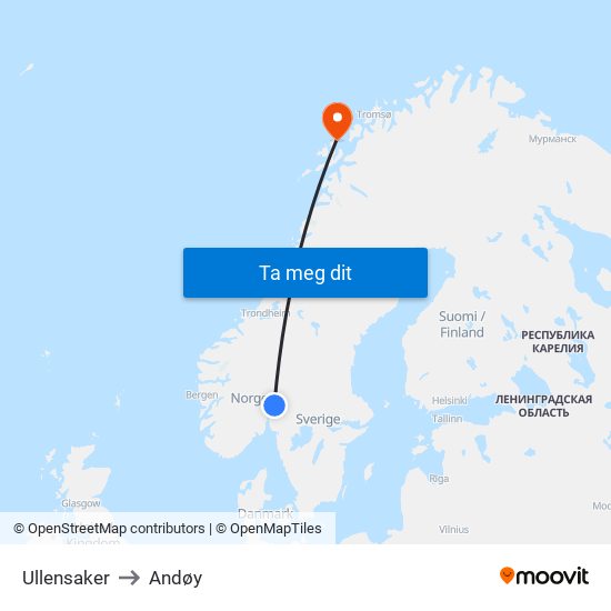 Ullensaker to Andøy map